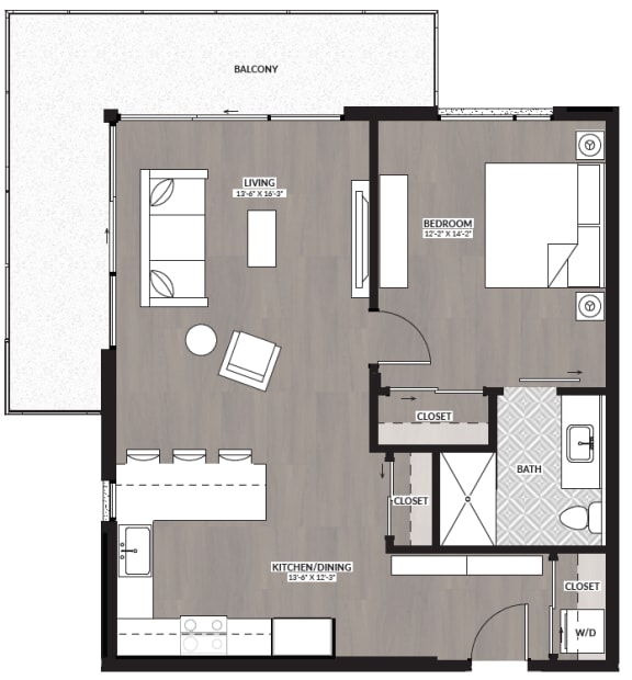 1 bedroom floor plan image at RendezVous Urban Apartments in Tucson AZ