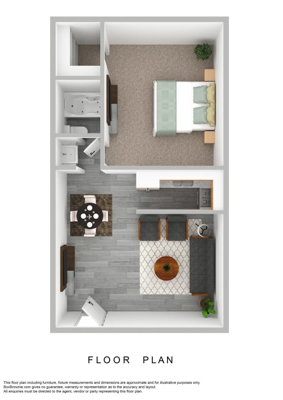 a stylized floor plan of a 1 bedroom floor plan