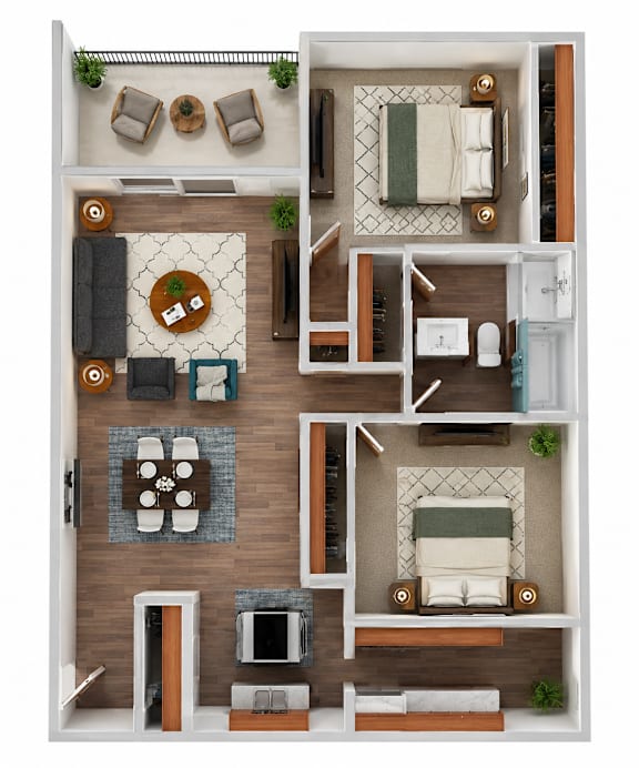 A top-down view of a small apartment layout with a kitchen, living room, and bedroom.