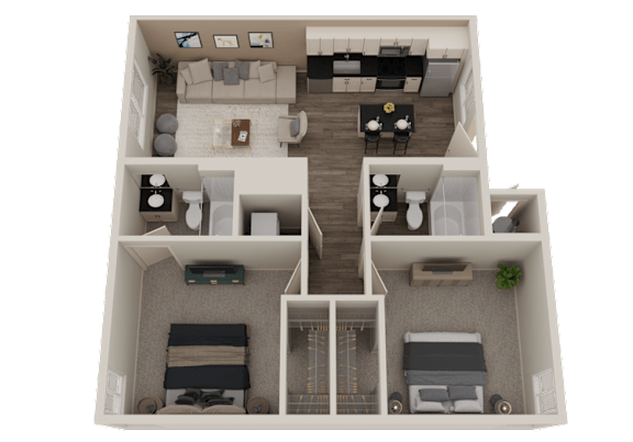 A 3D rendered image of a two-story apartment layout.
