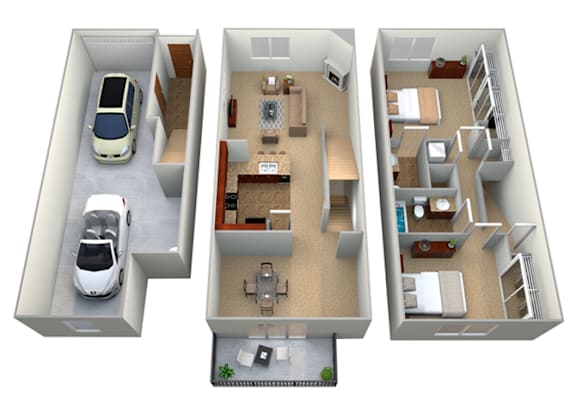 3d floor plan of a apartment with a car in the garage