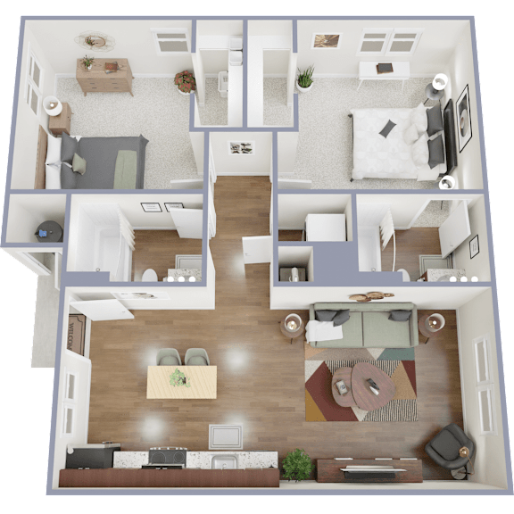 A top-down view of a two-bedroom apartment with a living room, kitchen, and bathroom.