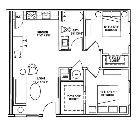 2bedroom floorplan at Streamliner 16th Apartments in Phoenix Arizona