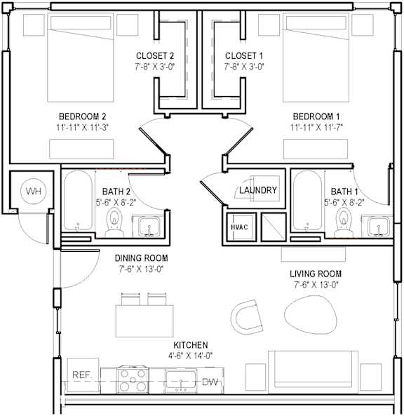 A floor plan of a two bedroom apartment with a living room, kitchen, dining room, and two bathrooms.
