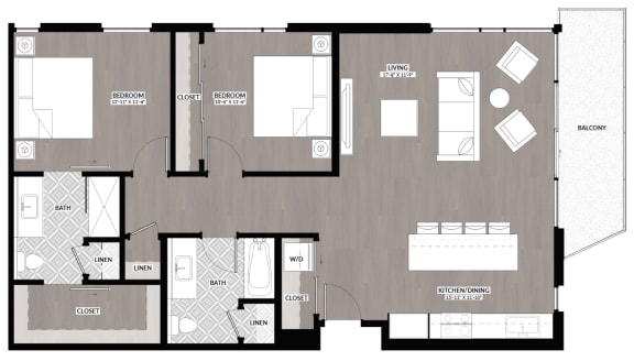 Two bedroom two bathroom floor plan image at RendezVous Urban Apartments in Tucson AZ