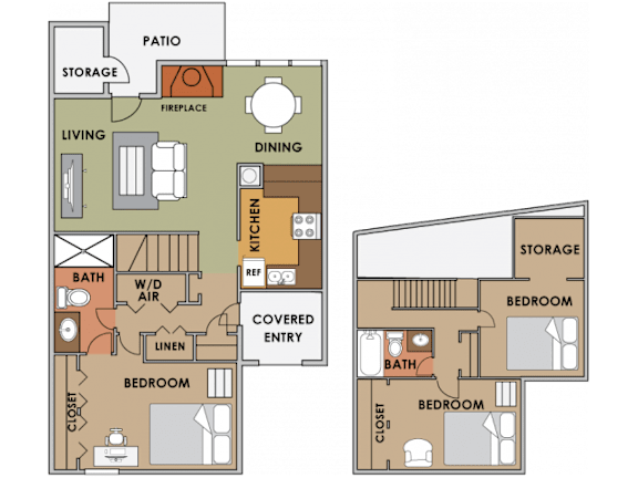 A floor plan of a house with a patio, living room, dining room, kitchen, and three bedrooms.