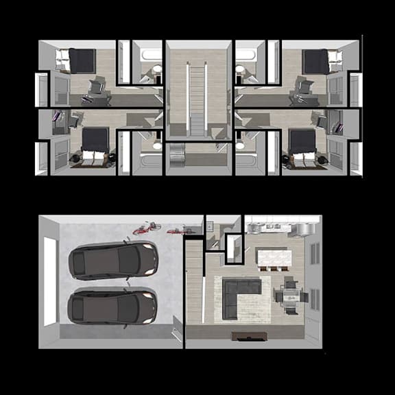 A floor plan of a house with two bedrooms, two bathrooms, a living room, a kitchen, and a garage.