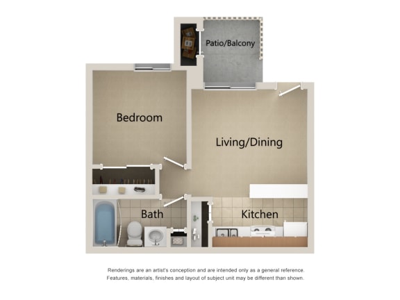 One bedroom floor plan image at Acacia Hills Apartments in Tucson AZ