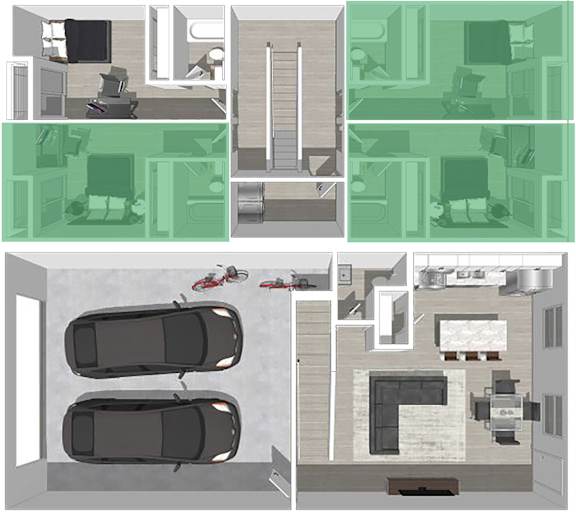 A series of images showing a room with a car and a motorcycle parked outside.