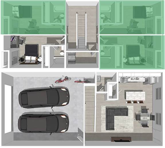 A series of images showing a top-down view of a room with a car parked inside.