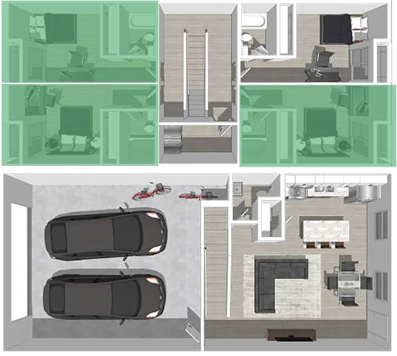 A series of images showing a room with a car parked outside and a person sitting on a couch.