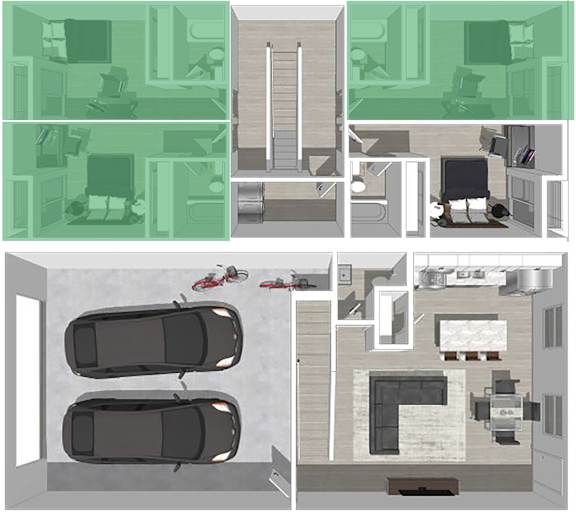 A floor plan of a house with two cars parked in the garage.