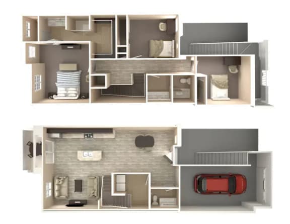 Floor Plan  A 3D floor plan of a house with two bedrooms, a living room, a kitchen, and a garage.
