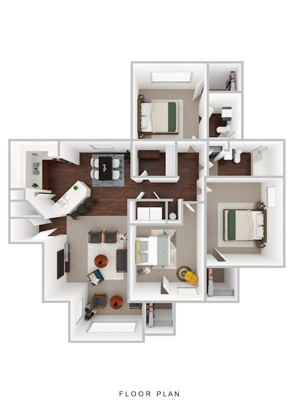 a stylized floor plan with a bedroom and living room