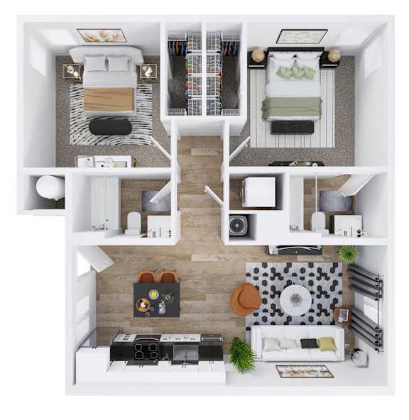 A top-down view of a modern apartment with a kitchen, living room, and bedroom.