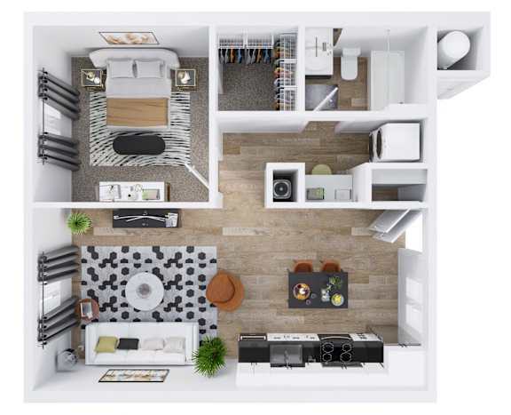 A top-down view of a modern apartment with a living room, kitchen, and bathroom.