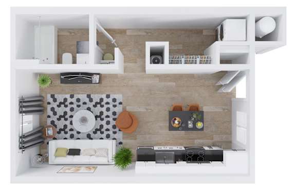 A top-down view of a modern living room with a couch, coffee table, and kitchen area.