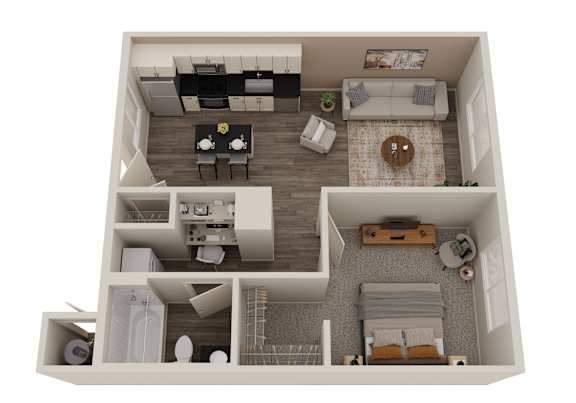 A top down view of a small apartment with a kitchen, living room, and bedroom.