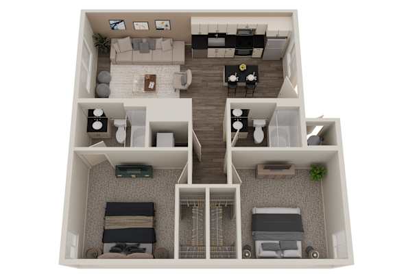 A 3D floor plan of a modern apartment with a kitchen, living room, and bedrooms.