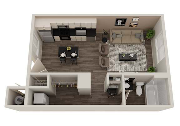 A top down view of a modern apartment layout.