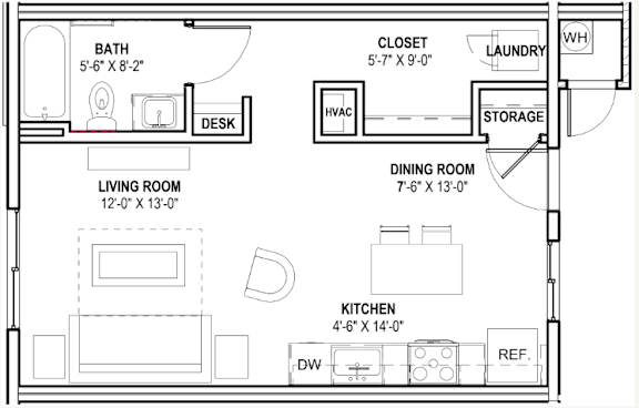 A floor plan of a small apartment with a living room, dining room, kitchen, bathroom, and laundry room.