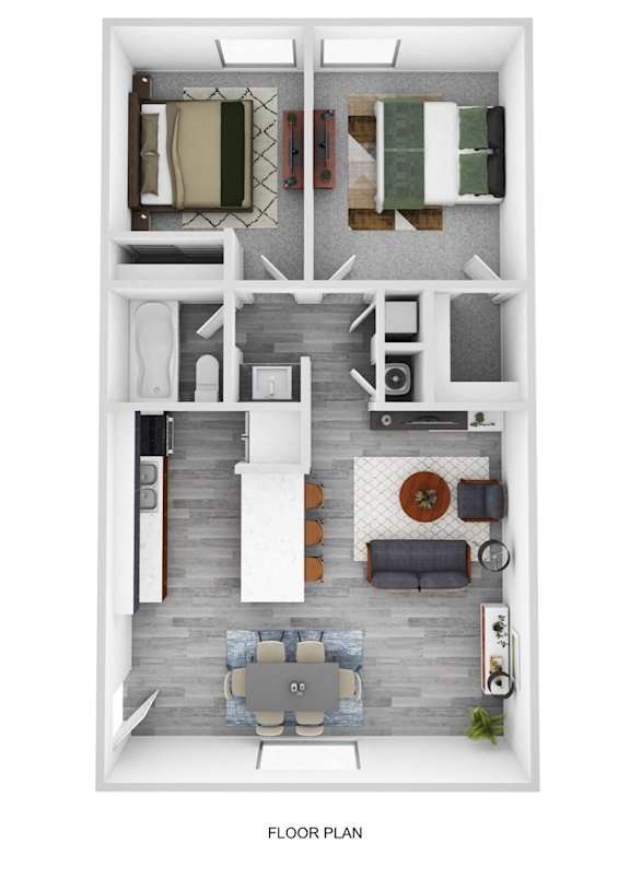 A floor plan of a house with a living room, dining room, kitchen, and two bedrooms.