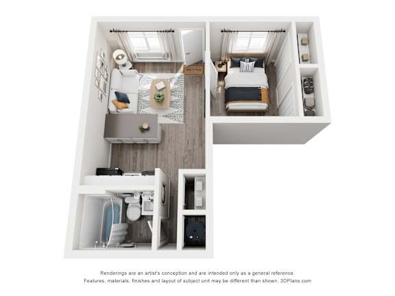 A 3D floor plan of a small apartment with a kitchen, living room, and bedroom.