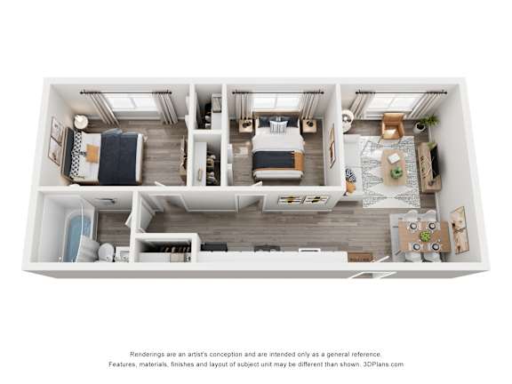 A 3D floor plan of a small apartment with a kitchen, living room, and bedrooms.