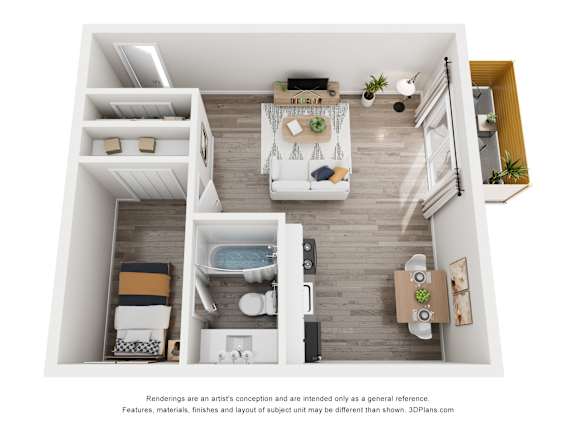A 3D floor plan of a small apartment with a kitchen, living room, and bathroom.