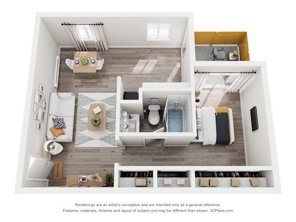 A 3D floor plan of a modern apartment with a kitchen, living room, and bathroom.