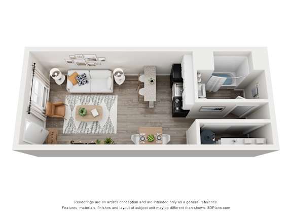 A 3D floor plan of a small apartment with a kitchen, living room, and bedroom.