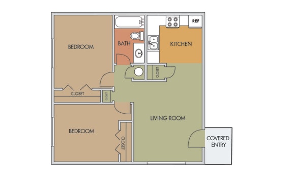 Two Bedroom One Bathroom Floorplan at Via Alamos Apartments in Green Valley