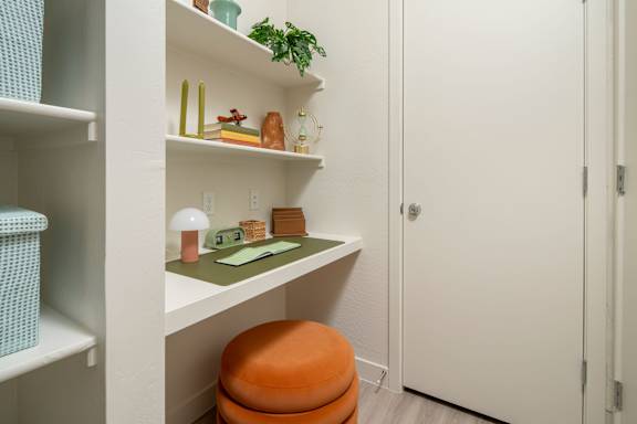 A white shelf with a green plant and some objects on it.