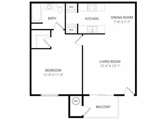 A floor plan of a small apartment with a bedroom, living room, kitchen, dining room, and balcony.