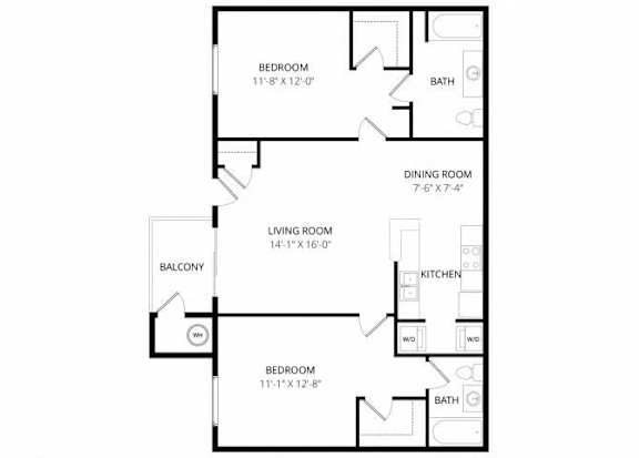 A black and white image of a floor plan for a home with a living room, dining room, kitchen, and two bedrooms.