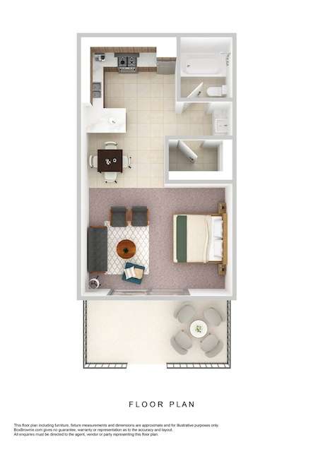 A floor plan of a small apartment with a kitchen, living room, and bathroom.