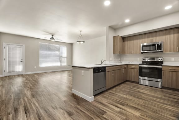 Kitchen and livingroom at V on Broadway Apartments in Tempe AZ November 2020