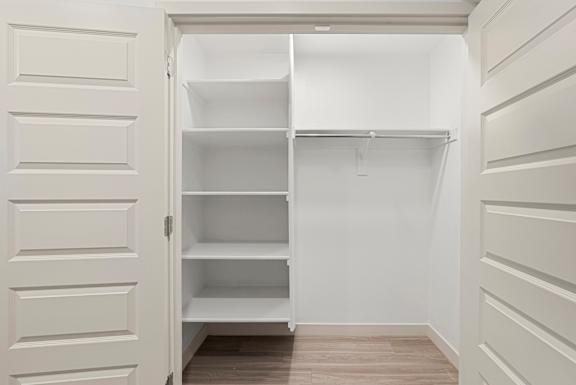 A white closet with shelves and a door.
