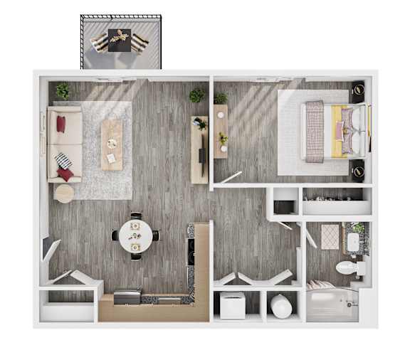 A top-down view of a small apartment with a kitchen, living room, and bathroom.
