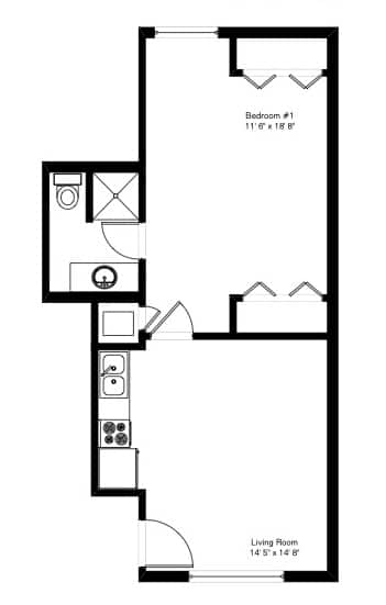 A black and white image of a floor plan for a one bedroom apartment.