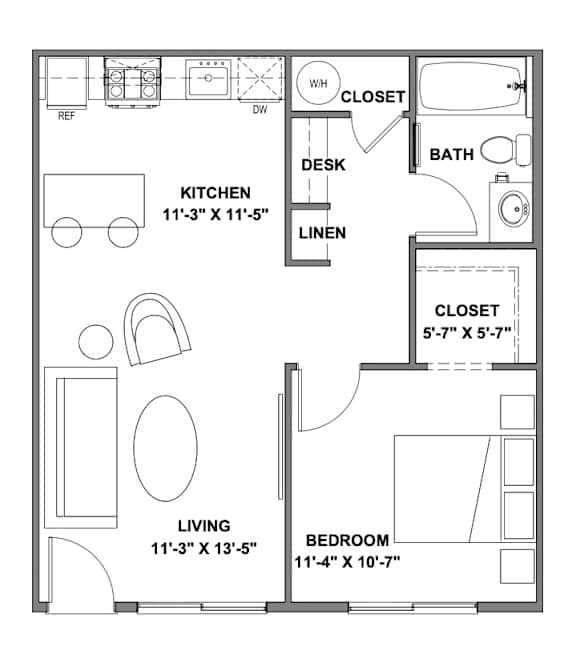A floor plan of a small apartment with a kitchen, living room, and bedroom.
