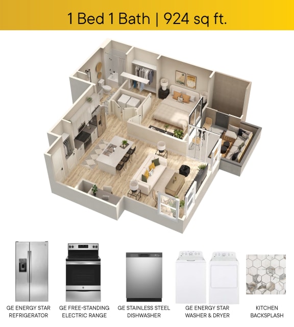 One Bedroom Floorplan with applaince callouts patio square footage