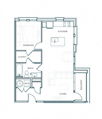 A floor plan of a small apartment with a bedroom, bathroom, kitchen, living room, and balcony.