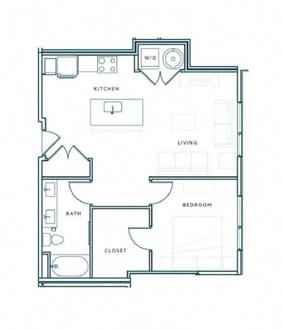A floor plan of a small apartment with a kitchen, living room, bedroom, bathroom, and closet.