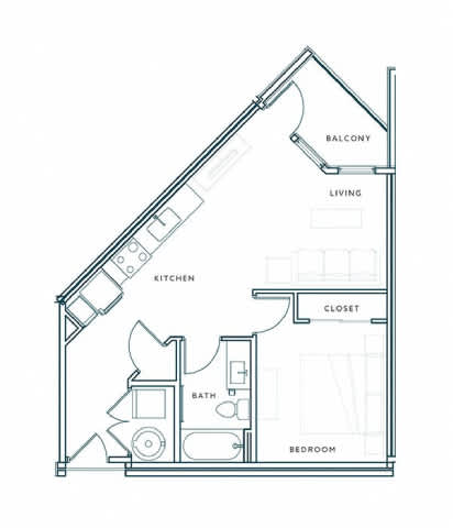 A floor plan of a house with a balcony, living room, kitchen, bathroom, closet, and bedroom.