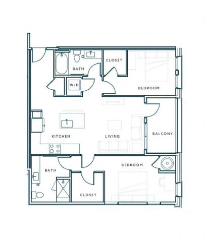 A floor plan of a house with a kitchen, living room, bedrooms and bathrooms.
