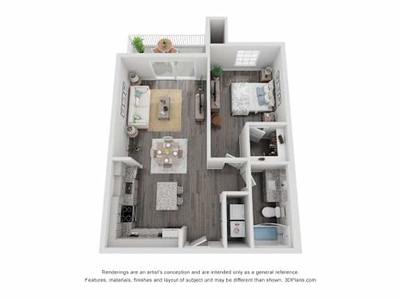 A 3D floor plan of a small apartment with a kitchen, living room, and two bedrooms.
