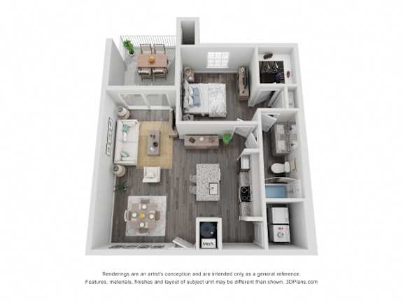 A 3D floor plan of a small apartment with a kitchen, living room, and bedroom.
