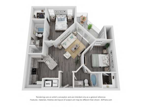 A 3D floor plan of a house with a kitchen, living room, and two bedrooms.