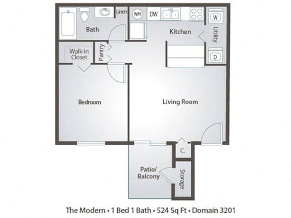 A floor plan of a one bedroom apartment with a living room, kitchen, and bath.
